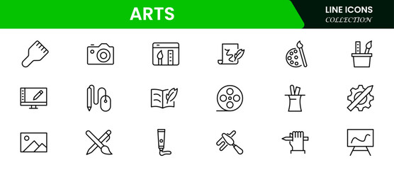 Set of line icons in linear style. Series - Art and culture. Creativity, sculpture, architecture, museum, theater, gallery and painting. Outline icon collection.