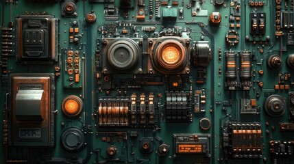 Fototapeta premium Showcasing a variety of industrial motors of different sizes on a sophisticated dark green background, presenting an impressive collection in engineering.
