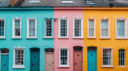 Obraz premium Rows of terraced houses in Bristol lively pastel colors doors and windows neatly aligned charming urban vibe clear skies above. 