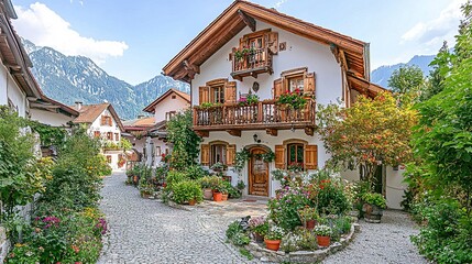 Obraz premium Rustic German house with a wooden balcony surrounded by vibrant gardens located on a charming street with a serene small-town feel. 