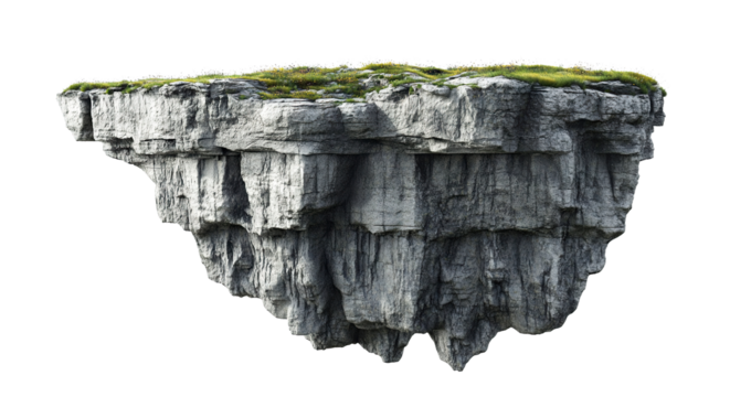 Large floating rocky cliff, isolated on transparent cutout background

