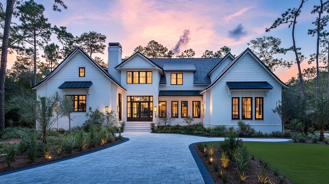 Rustic white home with two steep peaked roofs dark shingles contrasting sharply under a soft gradient of blue and pink sunset hues 