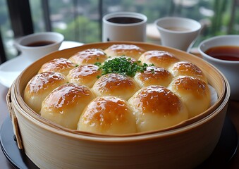 A fresh tray of glazed buns and cups of beverages