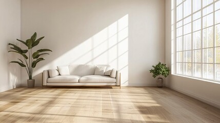 Scandinavian-inspired living room with light wooden floors clean white walls and natural sunlight enhancing the minimalist aesthetic.  