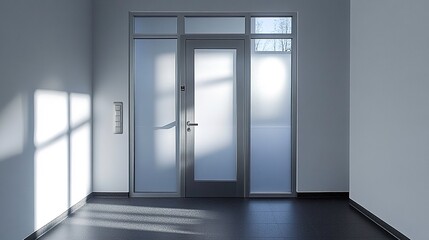Sleek glass office door with frosted panels and metallic handles minimalist and professional under soft ambient lighting.  