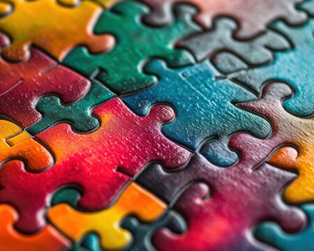 A vibrant jigsaw puzzle sprawls across a wooden table, showcasing a lively scene filled with bright colors and intricate designs. Several pieces are conspicuously absent, adding an air of mystery.
