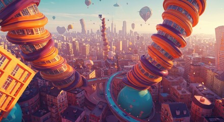 Futuristic Cityscape Aerial View of Whimsical Towers and Hot Air Balloons