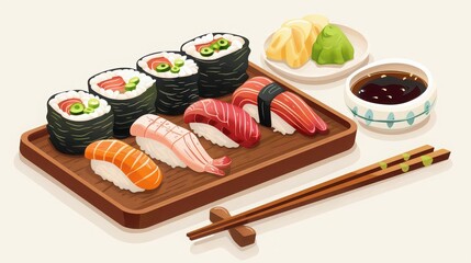 Traditional Japanese sushi platter with wasabi and soy sauce