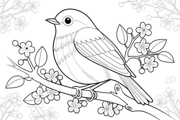 Fototapeta premium Spring season theme, Coloring page featuring a bird perched on a branch with flowers. Outline for coloring.