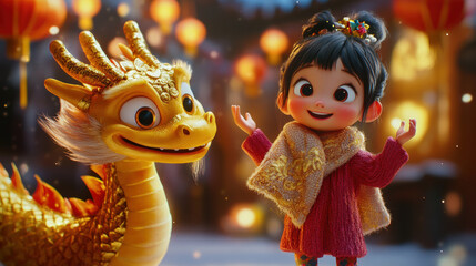 A cute girl and a golden dragon in a festive setting
