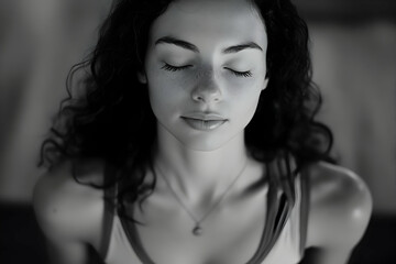 Naklejka premium A portrait of a serene woman with closed eyes peacefully
