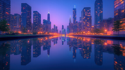 Fototapeta premium Reflective Cityscape at Dusk