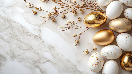 Elegant arrangement of golden Easter eggs on a marble table, perfect for spring celebrations, event invitations, or holiday decor. Ideal for Easter-themed projects.