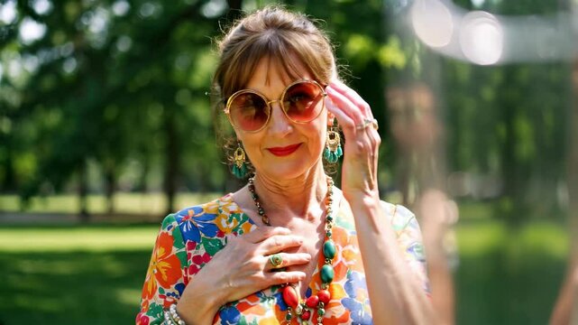 Elegant 60 year old women in vibrant floral attire stands in a sunlit park, showcasing a relaxed and joyful demeanor