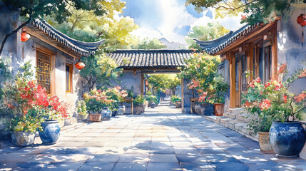 Fototapeta premium Watercolor painting of a serene Chinese courtyard garden.