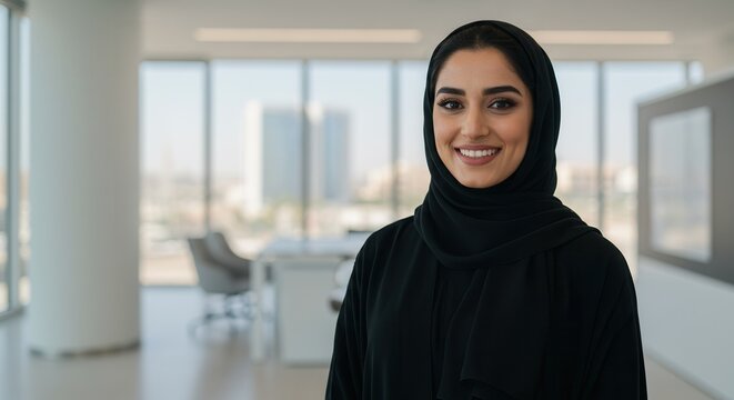 Muslim businesswoman in hijab smiling confidently in a bright modern office with a city view.