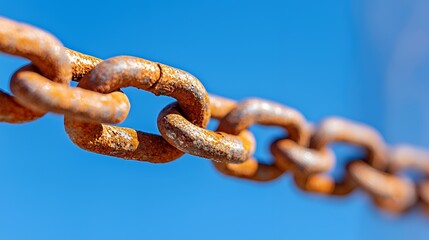 Fototapeta premium Rusty and Weathered Chain Links Against a Vibrant Blue Sky Background