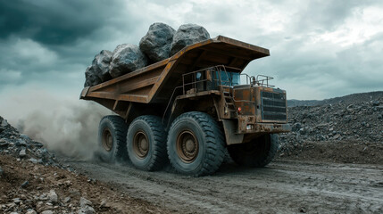 Heavy Duty Dump Truck Transporting Large Rocks on Rugged Terrain Under Dramatic Sky