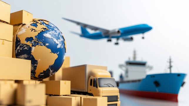 Global logistics and freight transportation concept with cargo truck, airplane, shipping container, and packages around a globe.  