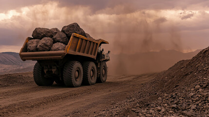 Obraz premium Heavy Dump Truck Transporting Rocks on Dusty Construction Site at Dusk