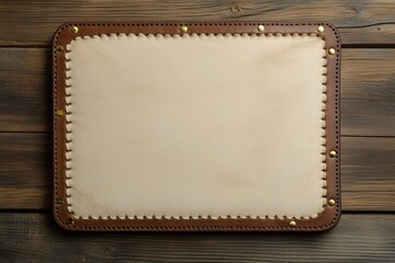 Fototapeta premium Vintage frame with stitched leather border on wooden board. Great background for invitations, menus, or rustic designs.
