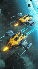 Two spaceships fly past a planet in space