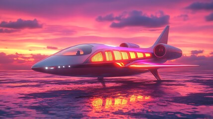Fototapeta premium Futuristic Jet in Serene Sunset Over Calm Ocean Waters