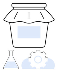 Jar with fabric cover, lab flask containing liquid, gear symbol over calming shapes. Ideal for science, innovation, DIY, food technology, production processes experiments creativity. Flat simple