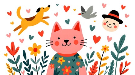 Cats, dogs, birds and flowers and children's fun