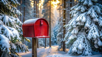 A snowy winter scene features a vibrant red mailbox standing proudly amidst a picturesque snow-covered evergreen forest, bathed in the warm glow of the setting sun.