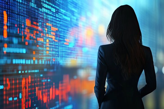 A 3D-rendered stock market ticker scrolling across a transparent digital board in front of a woman executive.