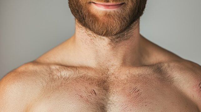 A topless man with chest scars smiles, embracing body positivity and self-acceptance in a candid portrait.