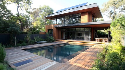 Fototapeta premium Stylish modern residence solar panels on a flat roof pool bordered by clean wooden decking lush green garden completing the scene. 