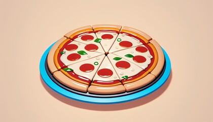 3D Pixel Art Pepperoni Pizza on a Light Blue Plate