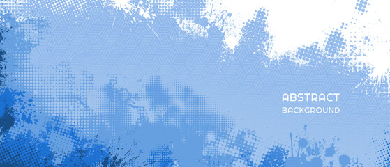 Abstract blue halftone grunge background with geometric hexagonal pattern and splatter texture. Suitable for modern designs, posters, banners, or digital presentations.