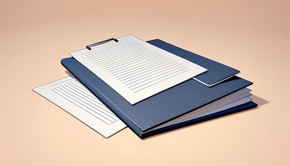 3D Render of Stacked Documents: Dark Blue Folder and White Papers on Beige Background