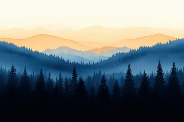 Mountain forest landscape at sunset with layers of fog as background for tourism