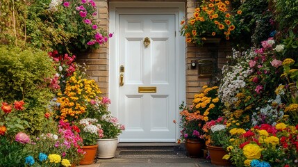Naklejka premium Traditional entrance with a white door, brass knocker, and intricate detailing vibrant flowers in ceramic pots framing the path. 
