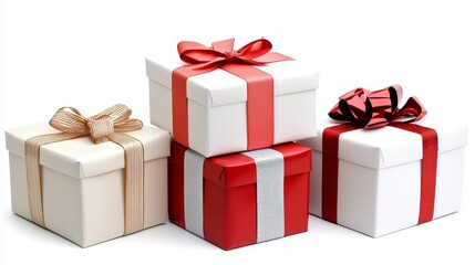 Obraz premium Stack of Beautifully Wrapped Presents Red and White Gift Boxes with Bows