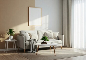 Fototapeta premium A modern living room with a beige sofa, white pillows, a bonsai tree on a round table, and a blank frame on a two-toned wall. The room is bright with natural light from a window with sheer curtains. 