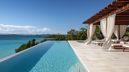 Fototapeta premium Luxurious Villa with Infinity Pool Overlooking Scenic Tropical Landscape Under Clear Blue Sky