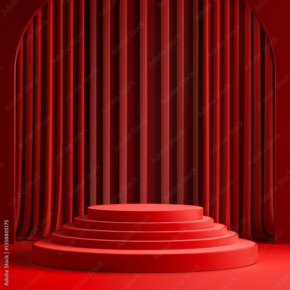 Poster Elegant Red Stage Presentation: Luxurious Backdrop with a Modern Round Platform Design for Product Showcase