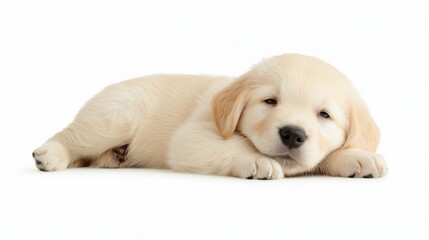 Adorable Golden Retriever Puppy Sleeping Peacefully on White Background