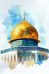 Obraz premium Watercolor painting of a golden mosque dome shining under a soft blue sky. Gentle sunlight reflects off its smooth surface, on isolated white background