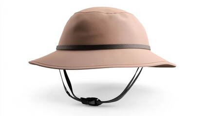 Beige Wide-Brim Hat with Adjustable Chin Strap on White Background