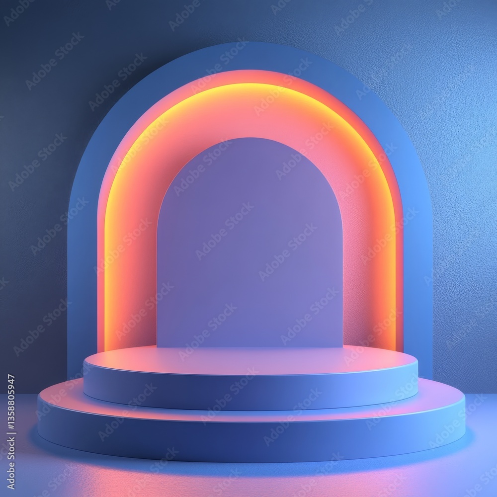 Fototapete illuminated minimalist stage: abstract product display platform with arch and soft lighting effects