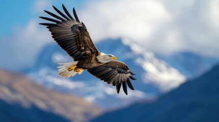 Fototapeta premium Majestic Bald Eagle Soaring Over Snow-Capped Mountains in Bright Clear Sky