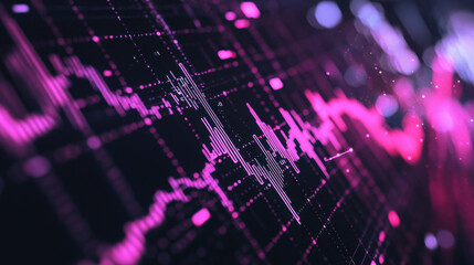 Close-up of a vibrant stock market data display with pink and purple lines and dots.