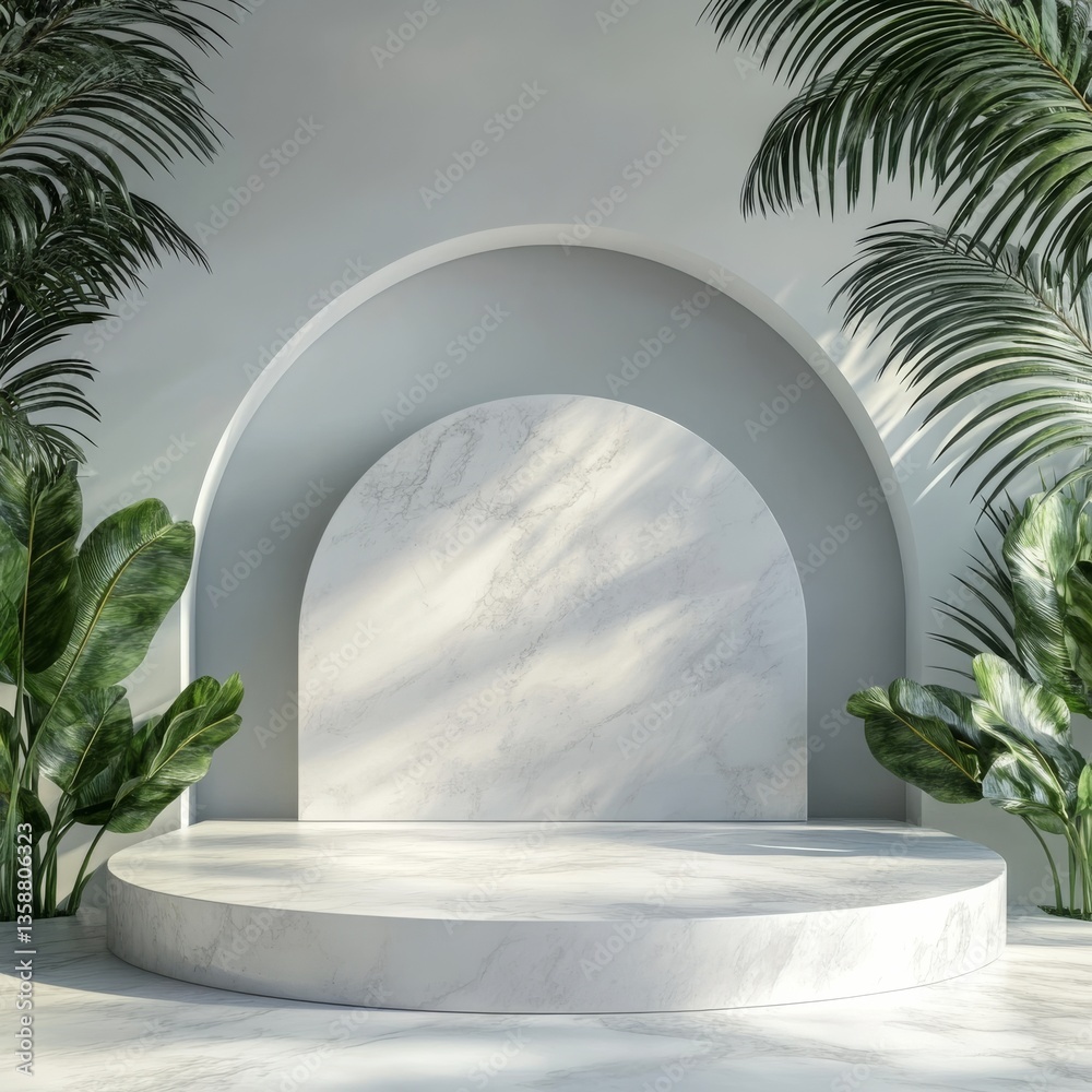 Poster marble podium display with tropical plants and archway: a minimalist showcase for product presentati