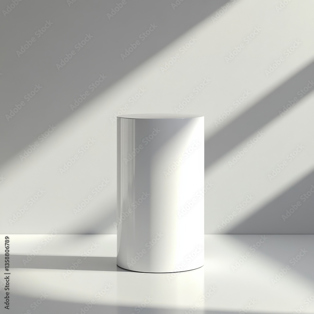Poster minimalist white cylinder display podium with light and shadow, clean presentation background